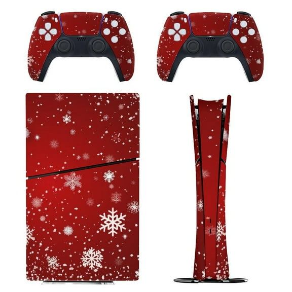 Skin Sticker for PS5 Slim Standard Disc Digital Edition Console and Controllers Decals for Playstation 5 (Elegant Red Christmas with Snowflake,PS5 Slim)