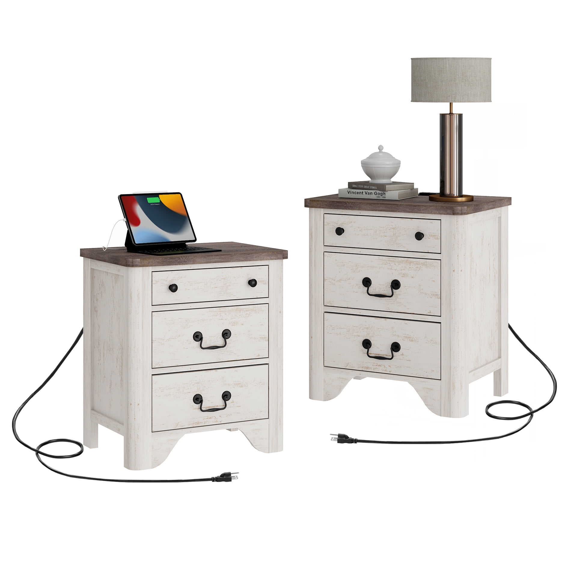 Farmhouse Nightstands Set of 2 with Charging Station, Night Stand with 6 Drawers, Wood End Table for Bedroom, White