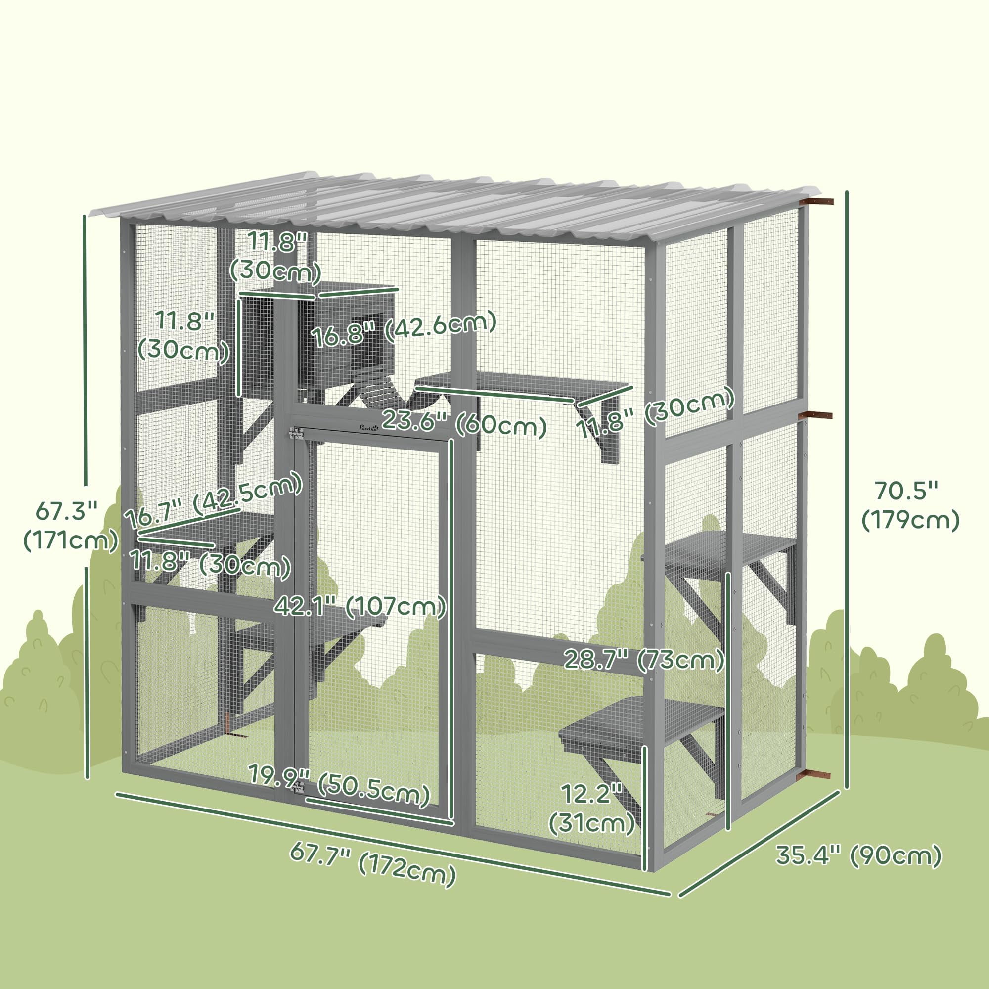 Large Outdoor Cat Enclosure for Indoor Cats, Wooden Catio with Scratching Posts and Weatherproof Roof, Spacious Resting Area for 1-2 Cats, Gray, 68" x 35.5" x 70.5"