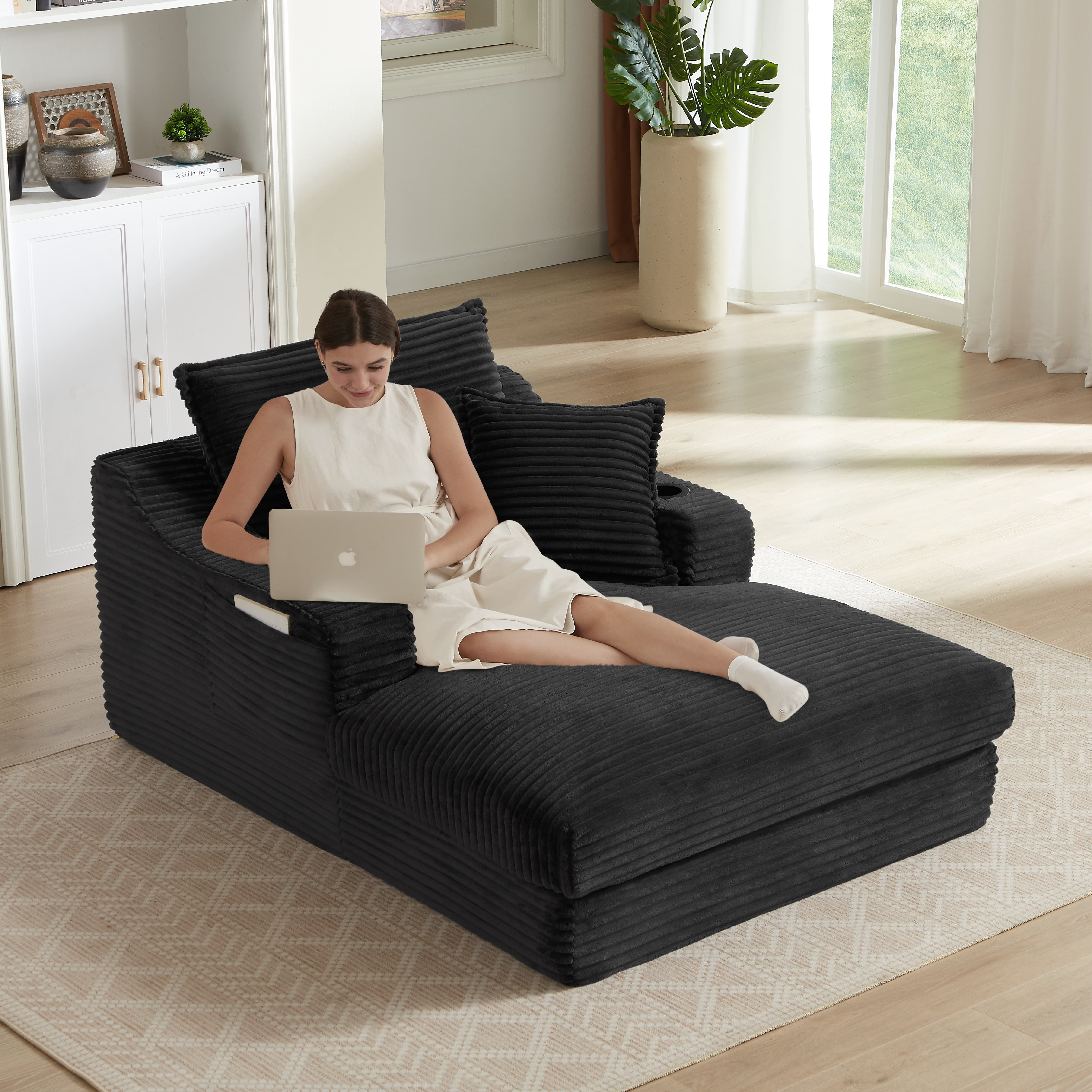 MAYEERTY Black Corduroy Chaise Sofa, Oversized Comfortable Lounge for Living Room, 47×68×35"