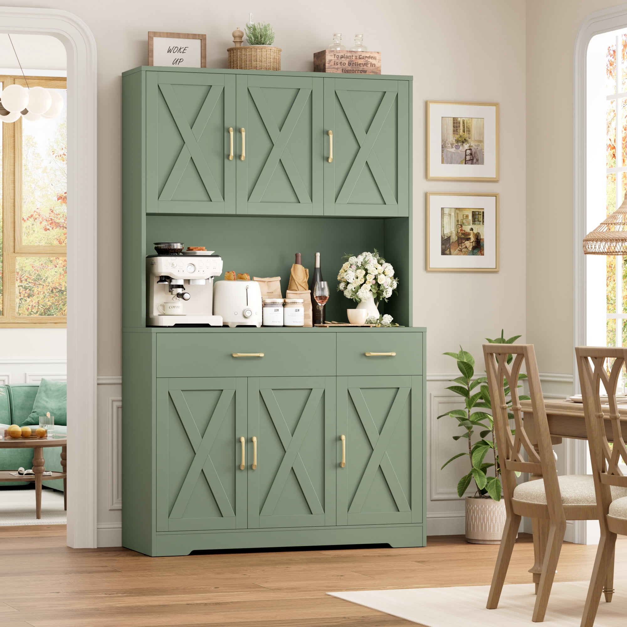 Homfa 71" Kitchen Pantry with Charging Station, Freestanding Cupboard with Adjustable Shelves, Floor Cabinet for Dining Room, Green