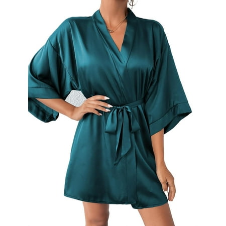 

Plain Teal Blue Elbow-Length Elegant Women s Robes