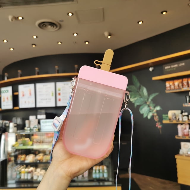 de agua de plástico con correa de , tazas para mujeres y , jarra de agua para zumo , 300ml Botellas De Bebidas(Rosa)