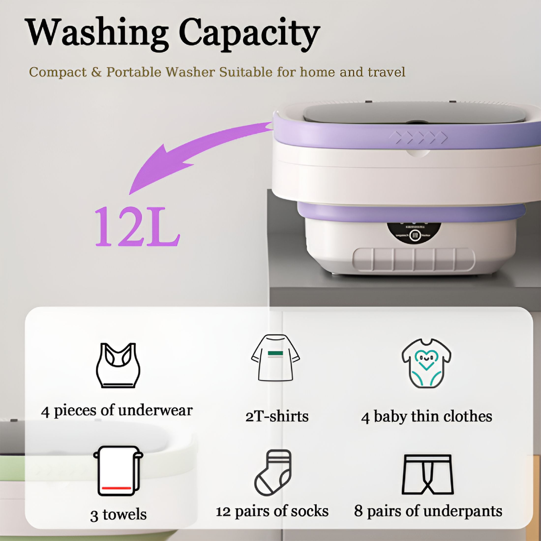 HIBIBUD 2026 New Portable Washing Machine,Mini Washer,12L Upgraded Large Capacity Foldable Washer,Deep Cleaning of Underwear,Baby Clothes&Other Small Clothes. Suitable for Hotel &Travel (Purple)
