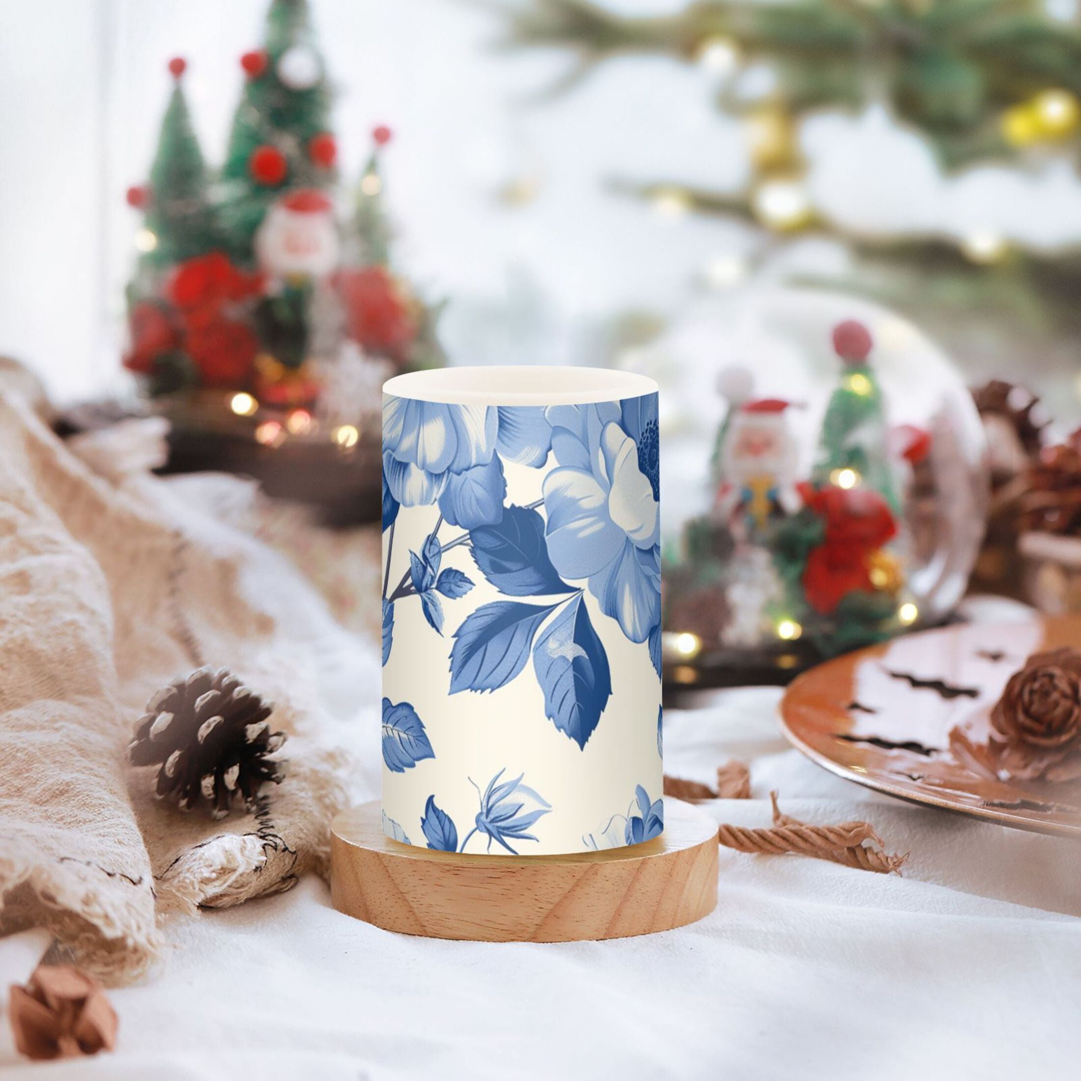 Blue White Florals and Leaves Flickering Flameless Candles LED Tealight Battery Operated with Remote Set of 2 Holiday Decor Ornaments