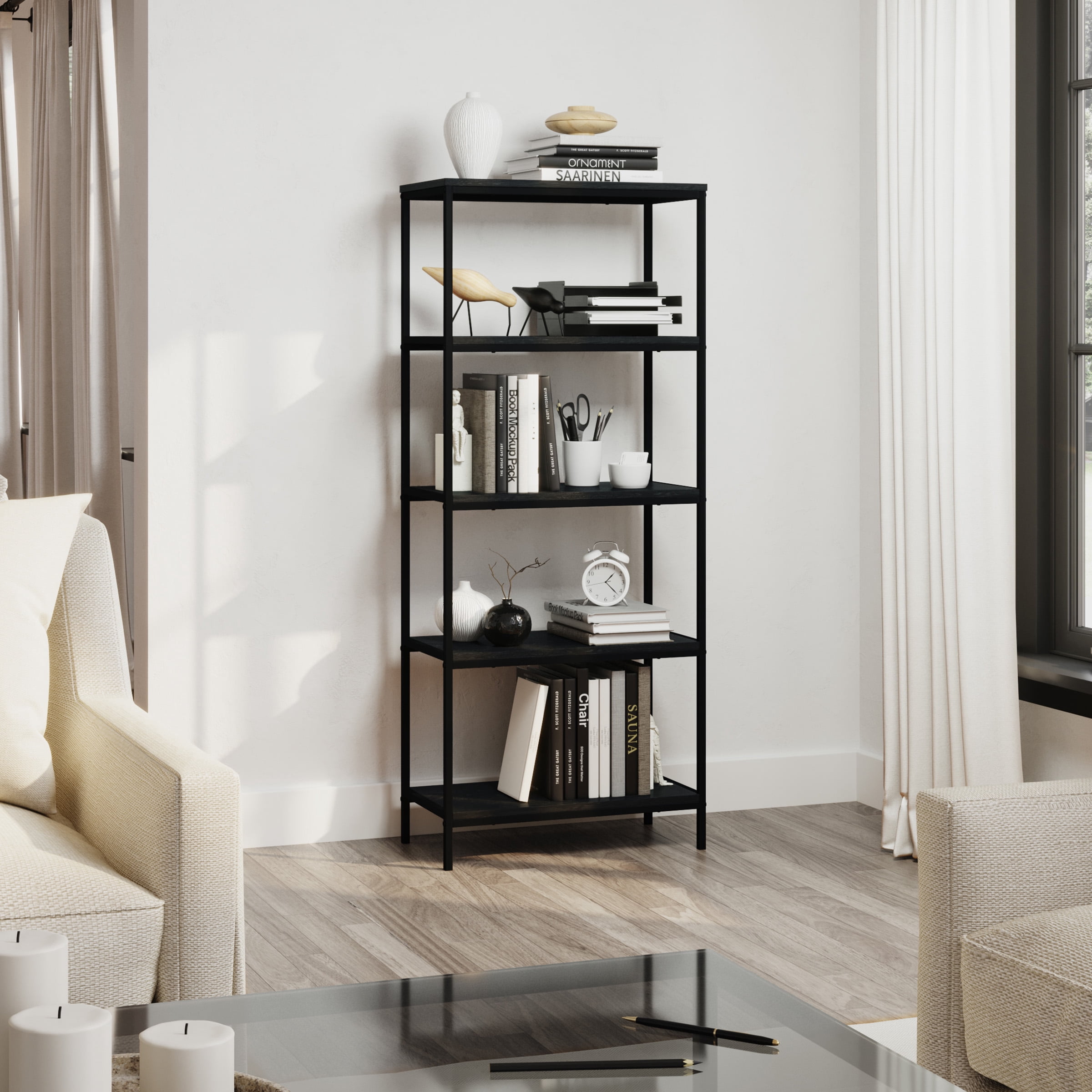Lavish Home 5-Tier Bookshelf - Industrial Shelving Unit, Black Woodgrain