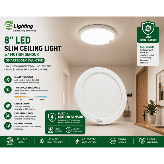 E2 Lighting 8 inch 18W Slim LED Flush Mount Ceiling Light with Motion Sensor, 3CCT Selectable, White