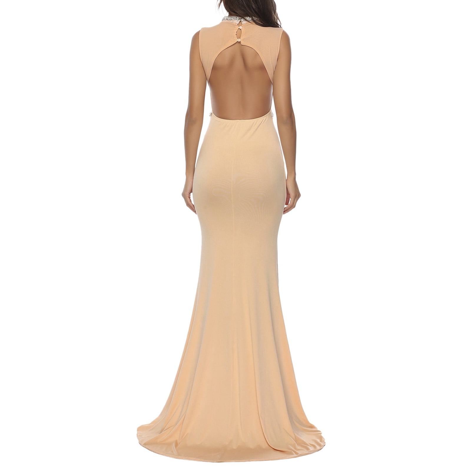 Women's Slim Fit Encrusted Backless Evening Dress With Train Women Dresses Formal Wear Prom Formal Dresses Long plus Size Petite Long Dresses for Women Evening Tie Evening Gowns for Women All Prom