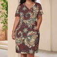 thumbnail image 3 of Floral Paisley Maroon Background Pattern Women's Loose Short Sleeve Dress Casual Summer Plus Size Long Dresses with Pockets, 3 of 5