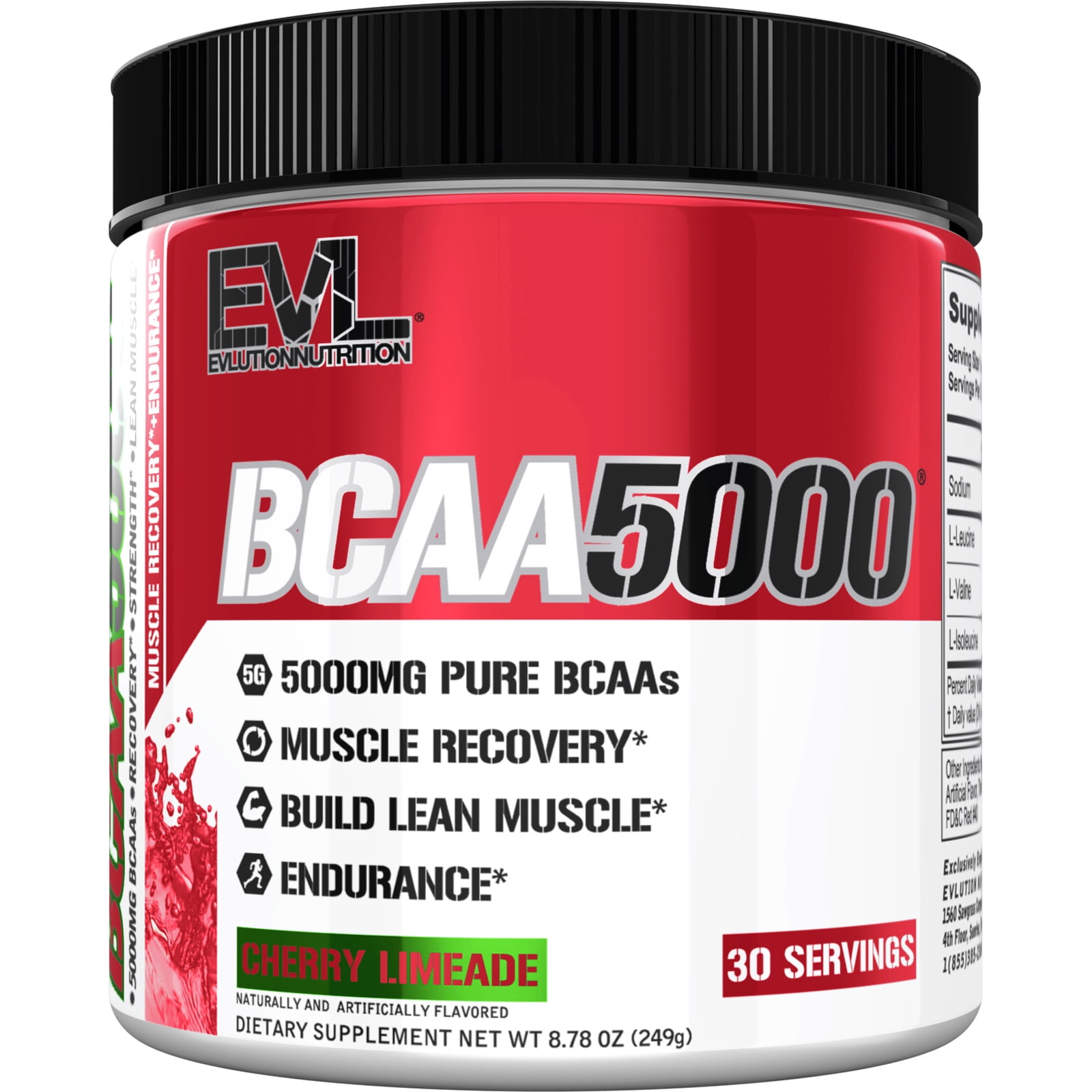BCAA5000 Energy Powder 5000mg - EVL BCAA Powder for Performance & Lean Muscle - Sugar Free Cherry Limeade Flavor, 30 Servings