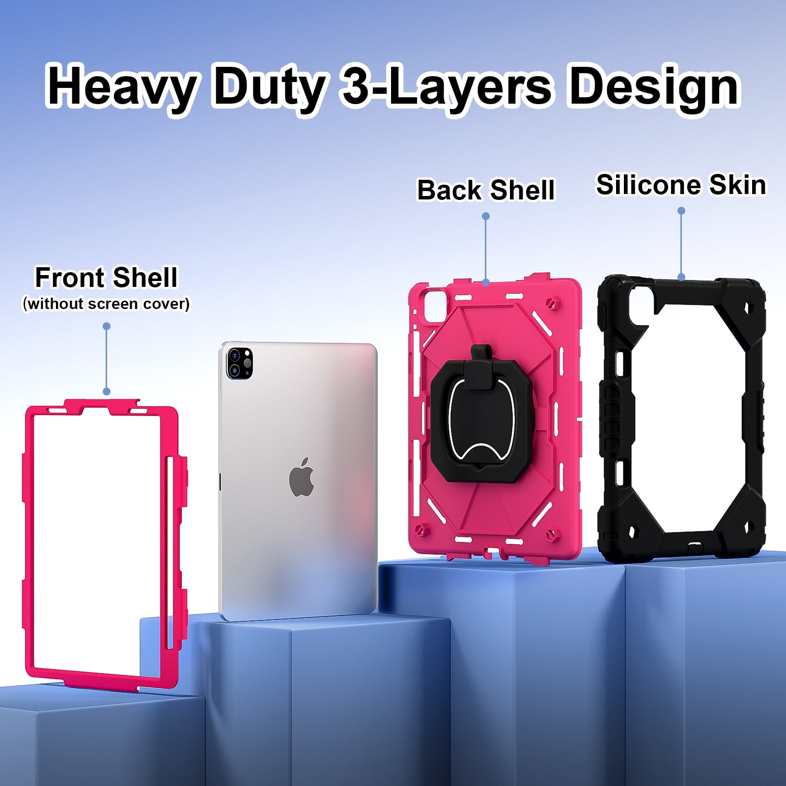 Shockproof Case for Apple iPad Pro 13 M4 2024, Build in Pencil Holder Rotating Stand Shoulder Strap Bumper Shockproof Rugged Kids Friendly Case Cover for iPad Pro 13 Inch M4 2024, Rose