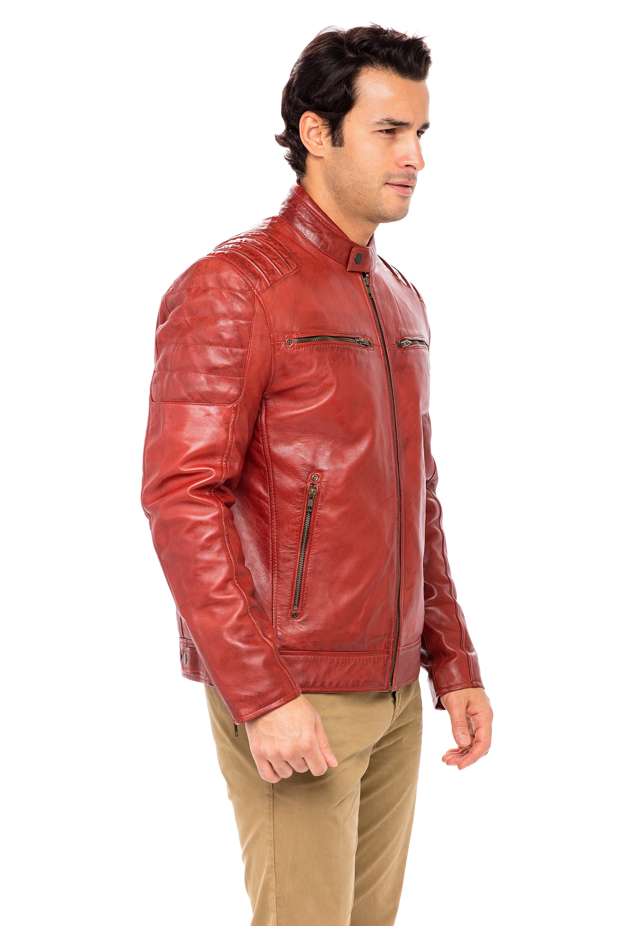 Skylinewears Mens Vintage Leather Jacket Stand Collar 100% Genuine Sheepskin Leather Coat Size M