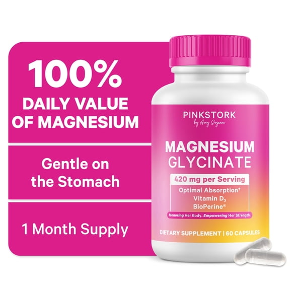 Pink Stork Magnesium Glycinate Supplement, Sleep and Stress Support, Vitamin D3, 60 Capsules