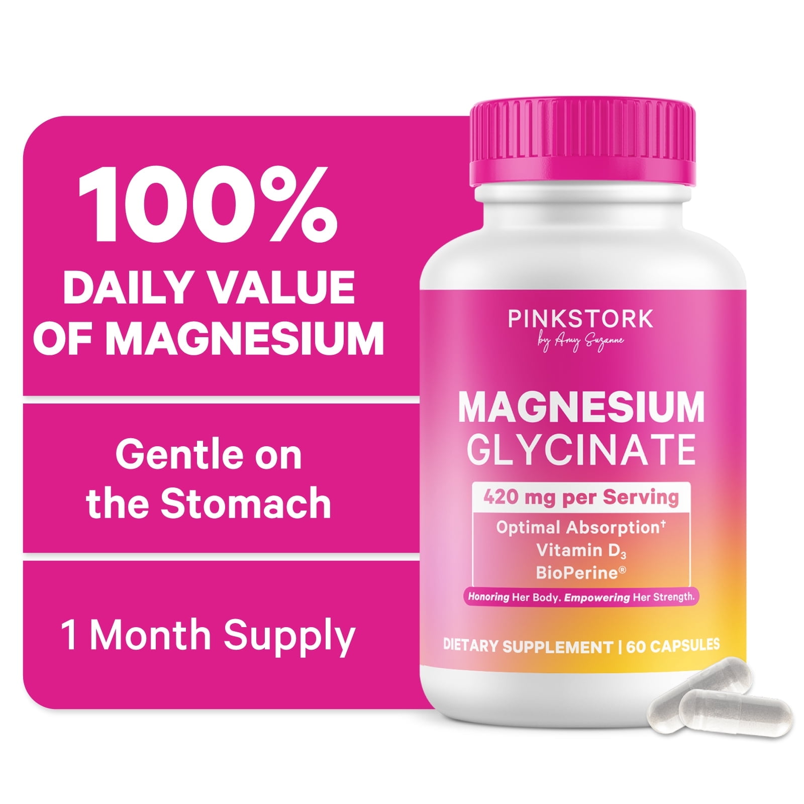 Pink Stork Magnesium Glycinate Supplement, Sleep and Stress Support, Vitamin D3, 60 Capsules