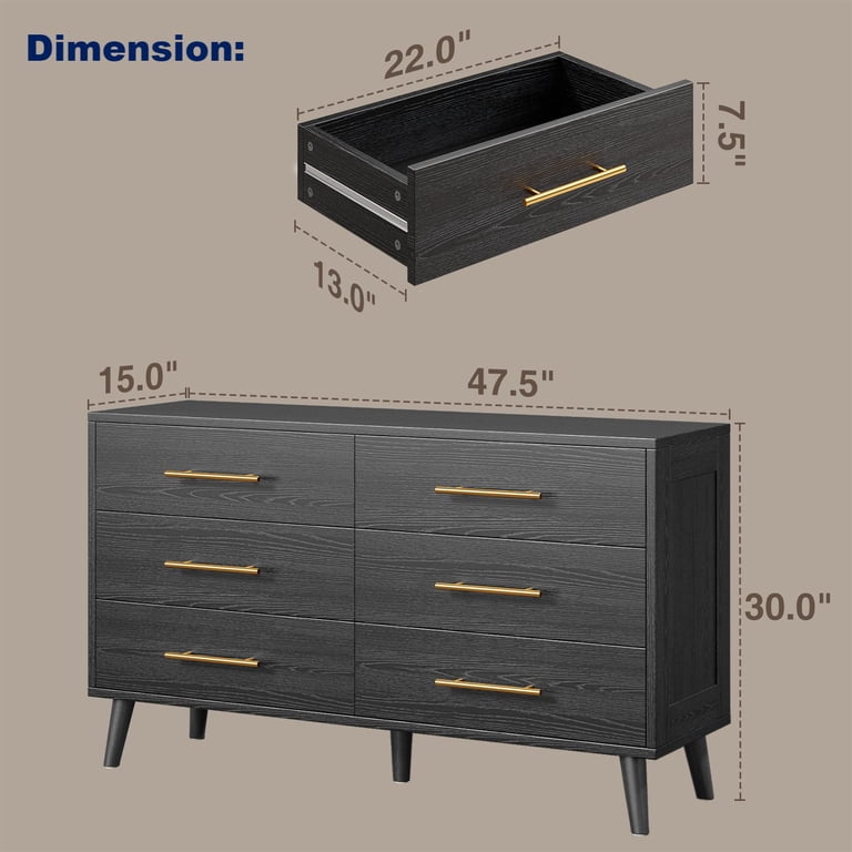 Elegant Modern Lofka 6-Drawer Double Dresser with Gold Handles, Black  Storage Cabinet for Bedroom & Living Room - Walmart.com
