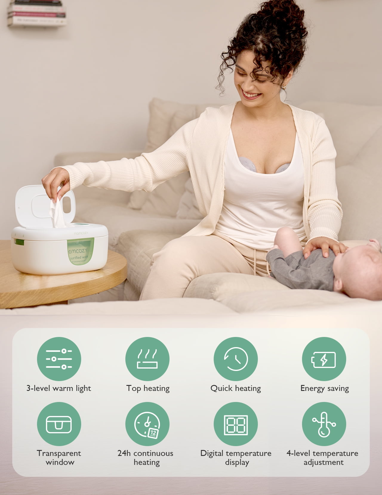 Baby Wipe Warmer With Night Light,Innovative Spring Design,Baby Wet Wipes Dispenser For Large Wipes,Wipes Warmer For Newborn Baby, Temperature Display,3 Modes Of Temperature Heating Control