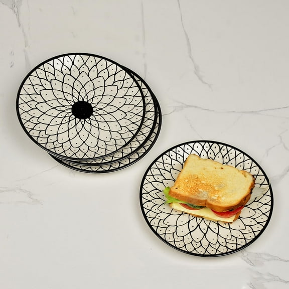 Hand Painted Black & White Spiral Ceramic Quarter Plates Set Of 4 - 7 Inches | Dishwasher Safe Small Side Plates | Microwave Safe Snack Plates For Party