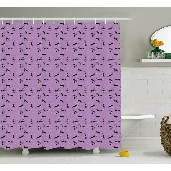 Purple Shower Curtain Unlucky Black Cat With Heart Filled Backdrop Purple Shower Curtain Unlucky Black Cat With Heart Filled Backdrop Valentines Day Animal Fun