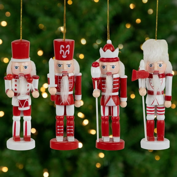 Northlight Nutcracker Soldiers Wooden Christmas Ornaments - 5" - Red and White - Set of 4