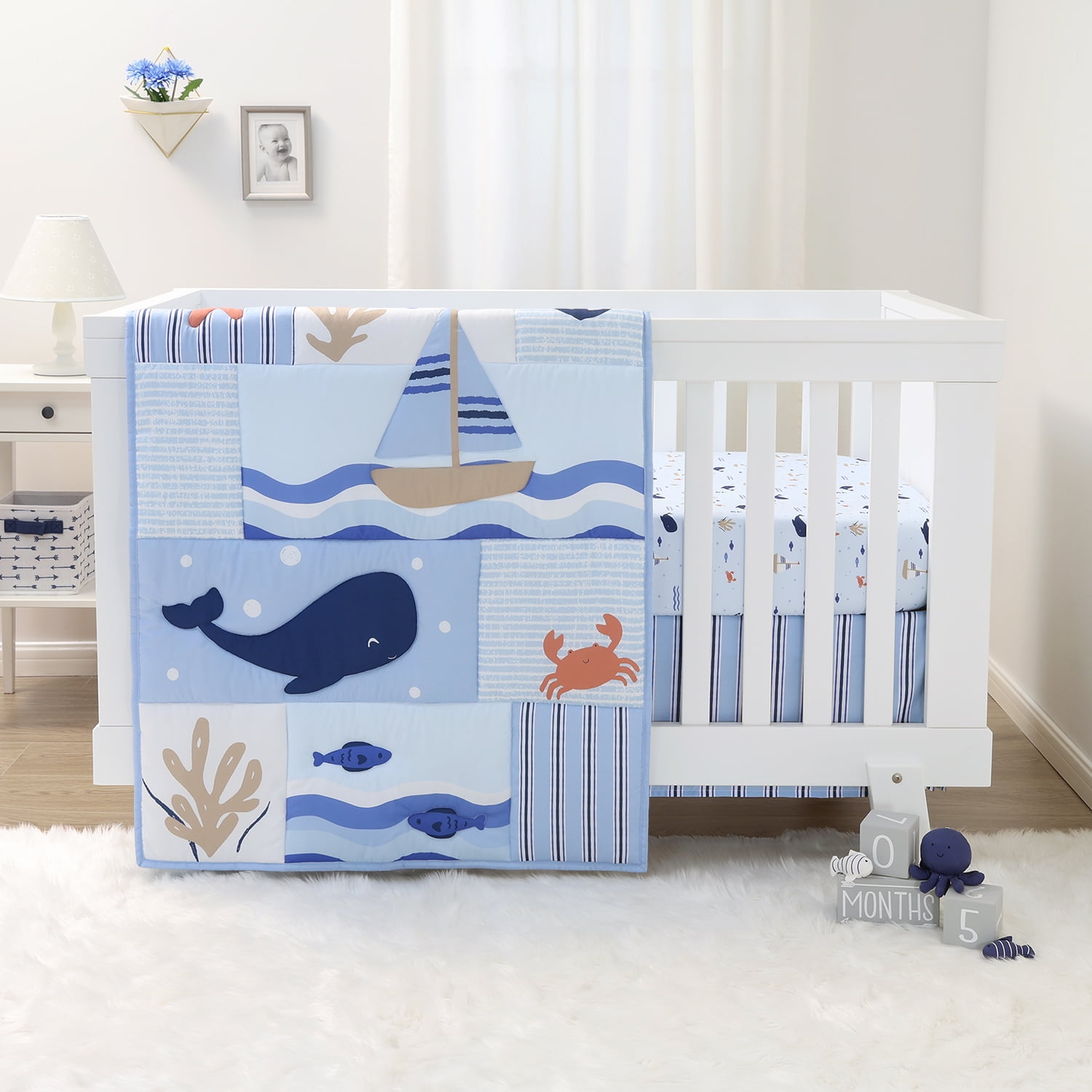 The Peanutshell Nautical Patch 3-Piece Baby Crib Bedding Set with Quilt Blanket, Crib Sheet, and Skirt