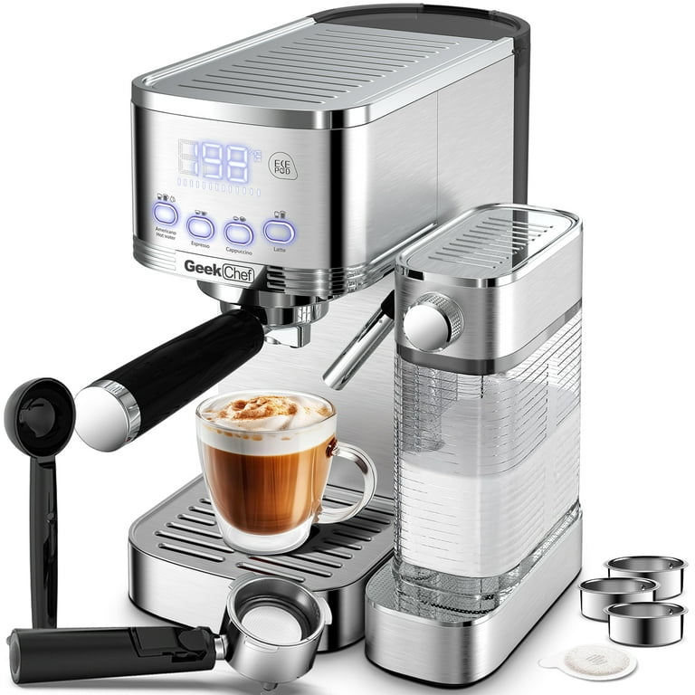 Geek Chef Espresso Coffee Machine 2 Shot Pump, 20 Bar Coffee Machine  Cappuccino Maker, Silver 