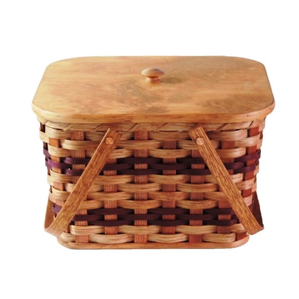Amish Handmade Woven Solid Oak Bottom Small Picnic Basket With Swinging Handles