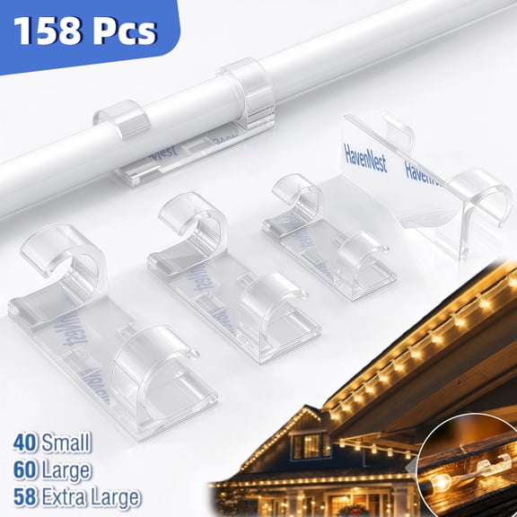 HavenNest 158 Pcs Clear Adhesive Cable Clips, 3 Sizes No Drill Wire Cord Holders, Strong Sticky Clips for Desk, Car, PC, Christmas String Lights & Outdoor Cable Management