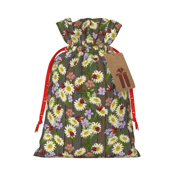 Naloa Ladybugs And Flowers On A Wooden Drawstring Christmas Bags, 3D Xmas Gift Bags, Christmas Wrapping Bags, Xmas Goodie Bags, Treat Pouch Bags, Party Favor Bags-