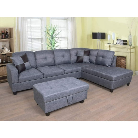 Gunnar 103" Wide Linen Right Hand Facing Sofa & Chaise with Ottoman Grey F128B