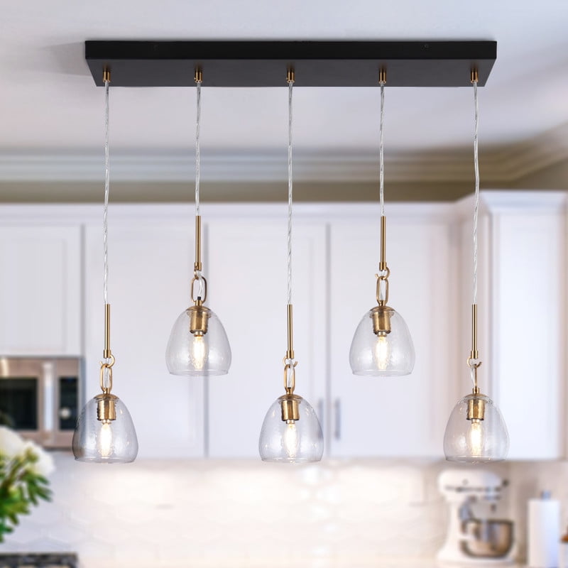 LNC 5-Light Matte Black Modern Textured Glass Linear Pendant Kitchen Island Light