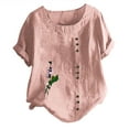 thumbnail image 3 of USSUMA Plus Womens Tops Dressy Casual Plus Size Button Linen Cotton Round Neck Women's Tunics Flower Printing Basic Tee T Shirts for Women Short Sleeve Summer Blouses Trendy, 3 of 4