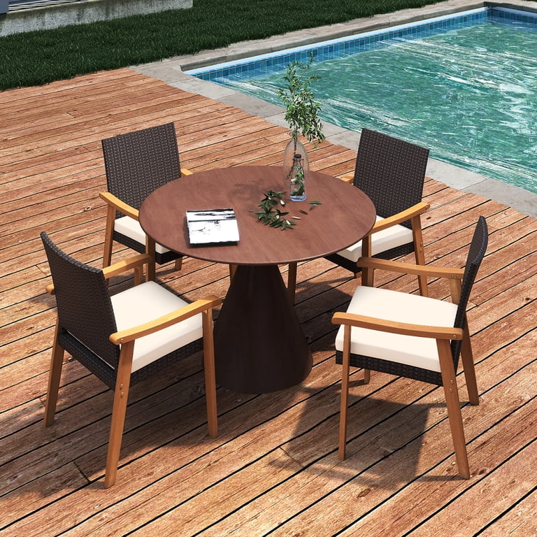 Gymax Patio Dining Chair 4 PCS w/Cushion Wood Armrests Metal Frame