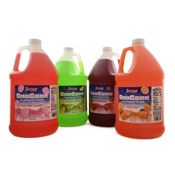 Snappy Sno Cone Syrup Variety Bundle, Cotton Candy, Green Apple, Strawberry, Orange, Flavored Syrup for Shaved Ice, 1 Gallon (128 oz), 4 Count