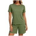 thumbnail image 2 of Women's 2 Piece Home Wear Crew Neck Short Sleeve Tops Elastic Waist Pockets Shorts Summer Comfy Lounge Sets (XL, Army Green), 2 of 6
