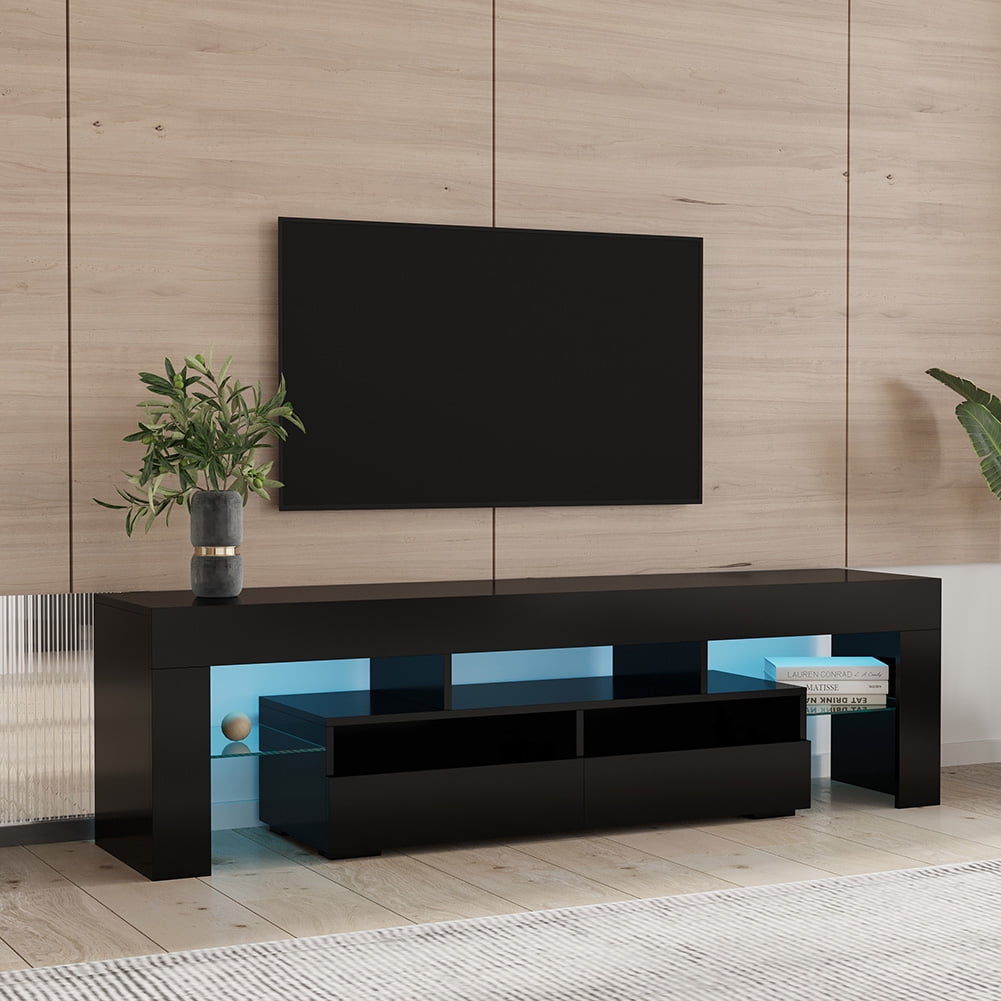 Kadyn TV Stand Cabinet, Modern TV Console with 2 Drawers & 2 Open Shelves, 20-color RGB LED lights with Remote, Particle Board Corner TV Console Table for Living Room, Black