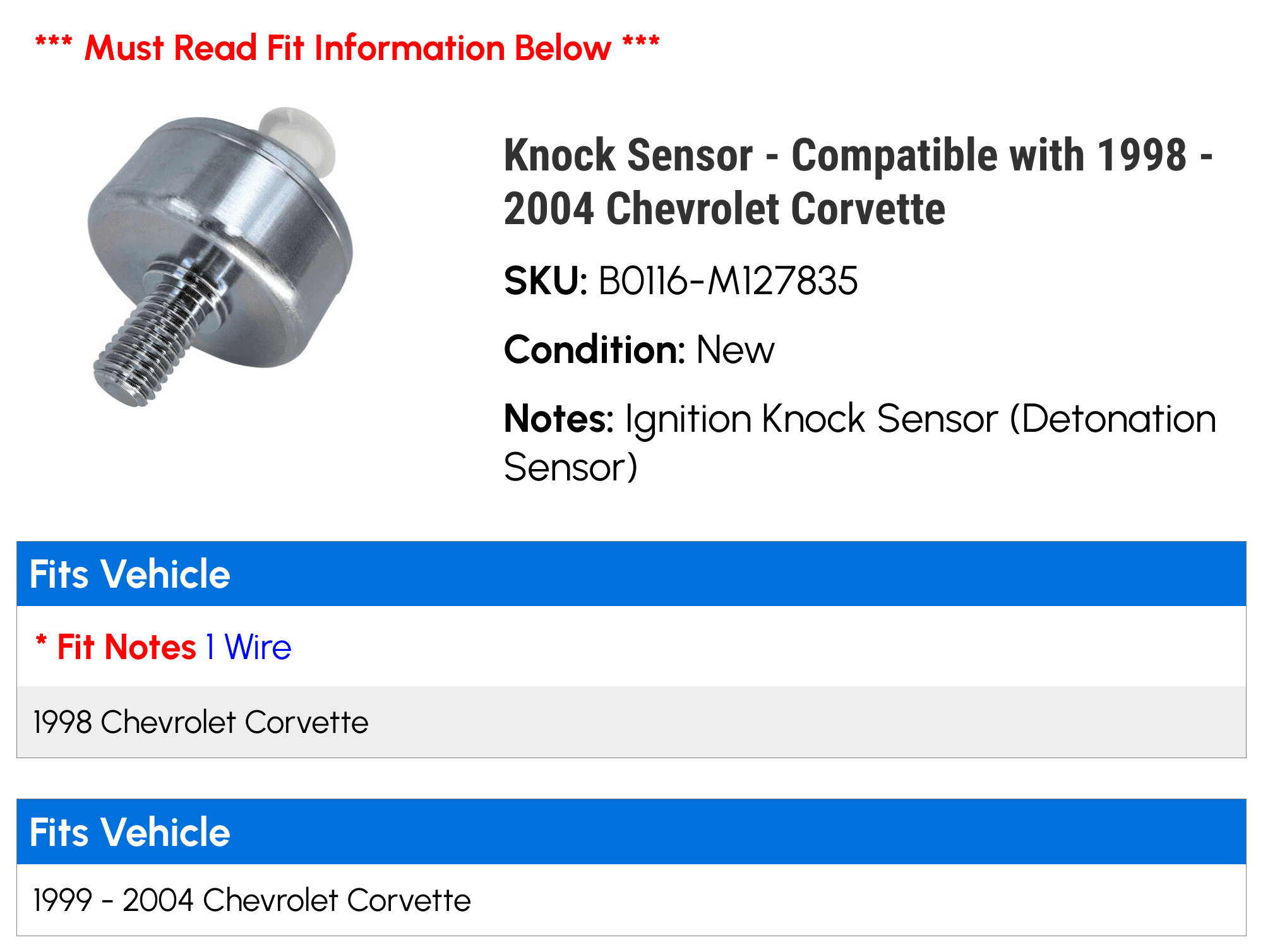 Knock Sensor - Compatible with 1998 - 2004 Chevy Corvette 1999 2000 2001 2002 2003