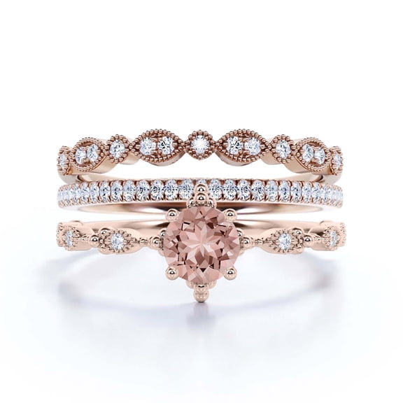 Antique Dazzling Boho & hippie 2.25 Carat Round Cut Morganite And Diamond Moissanite Unique Engagement Ring, Wedding Ring in10k Solid Rose Gold, Affordable Gift For Woman, Trio Set, Matching Band