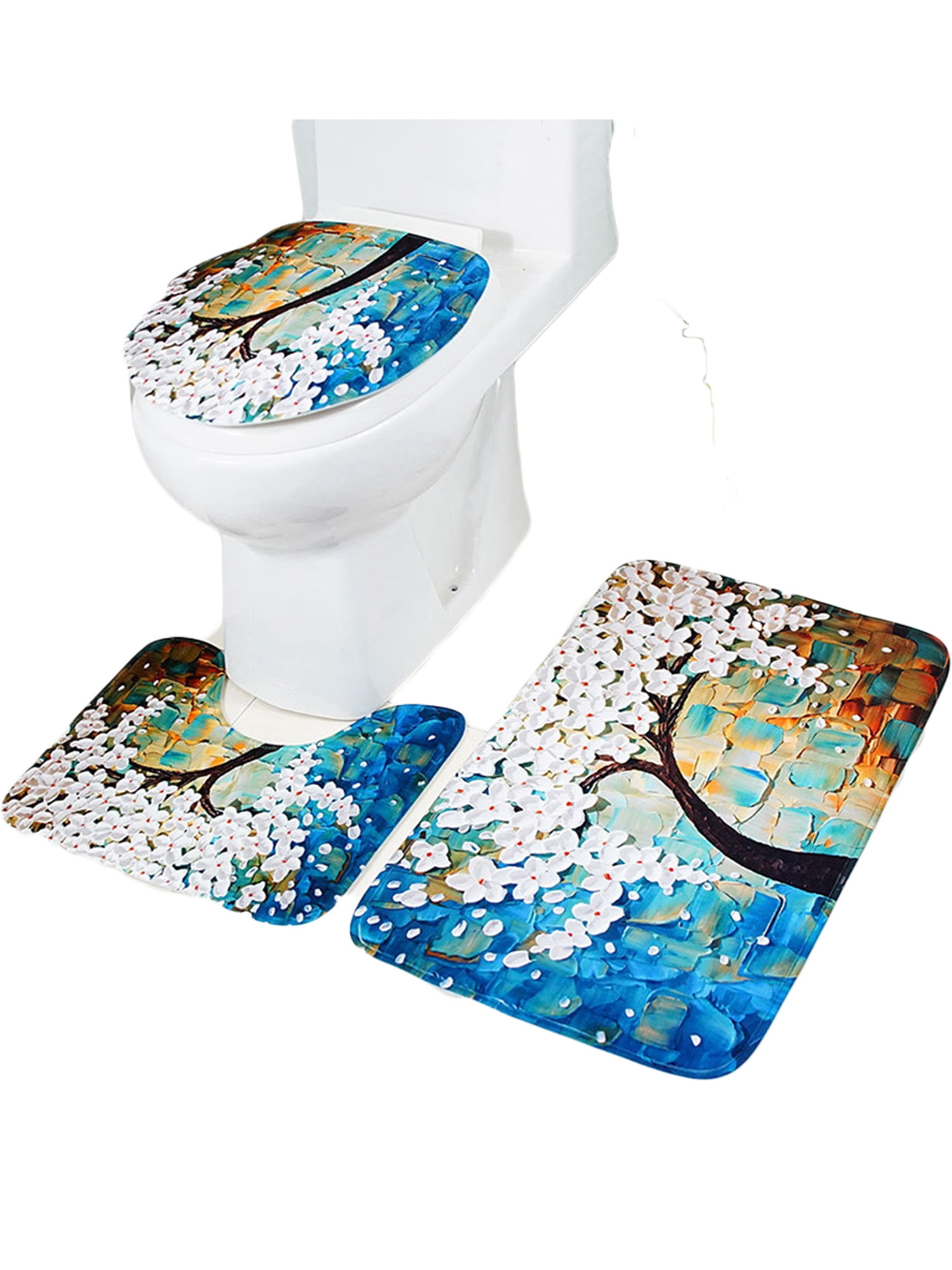 3Pcs/Set Sun Shady Forest Pattern Non-Slip Bathroom Toilet Seat Cover Bath Mat 