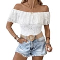 thumbnail image 2 of Uootdi Womens Off Shoulder Tops Ruffle Lace Trim Solid Color Bodysuits Casual Slim Fit Lightweight Soft Comfy Daily Wear Gift, 2 of 7