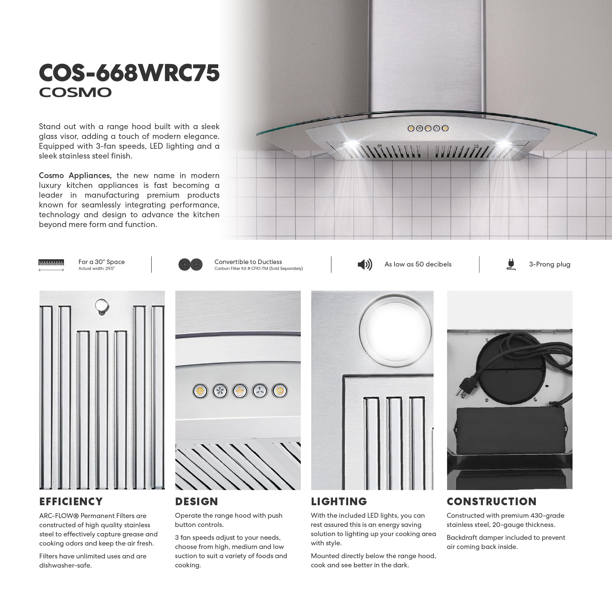 Pemberly Row 30" 380 CFM Ducted Wall Mount Range Stainless Steel Kitchen Hood