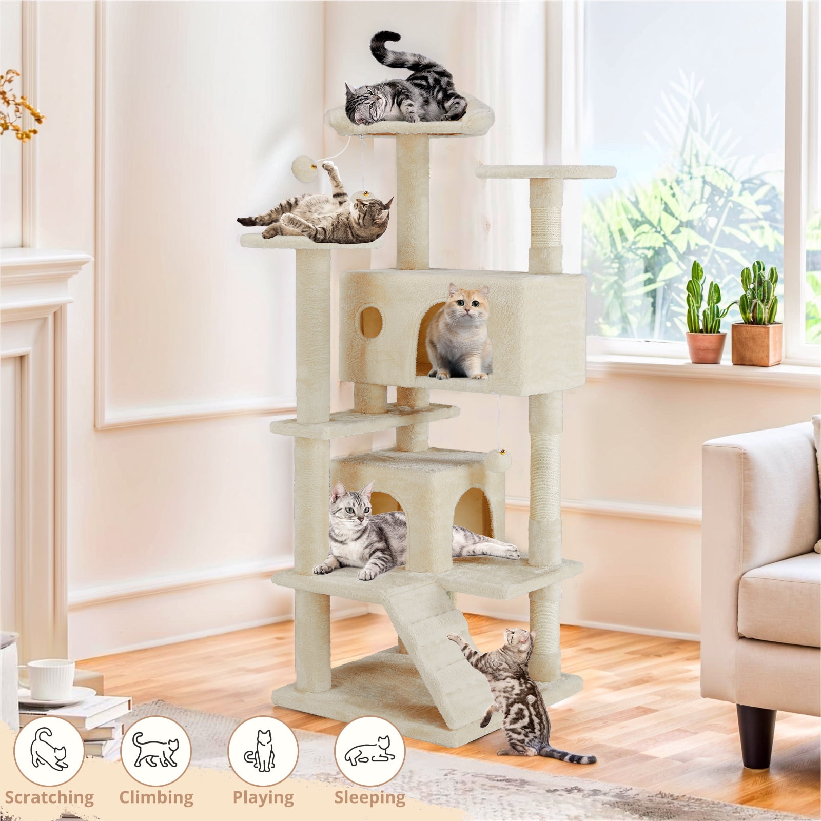 Cat Tree, 54-Inch Cat Tower with Sisal Scratching Post, Multi-Level Plush Cat Tree with Climbing Ladder, Beige