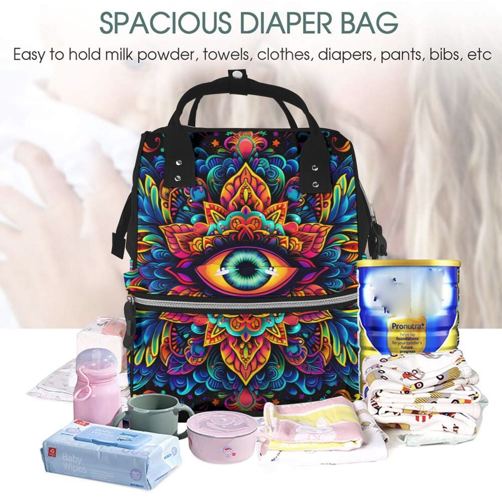 Defioc Vibrant Psychedelic Eye for Baby Diaper Bag Backpack - Baby Bag for Boys & Girls - Diaper Backpack - Large Travel Diaper Bags- Baby Registry Search & Shower Gifts