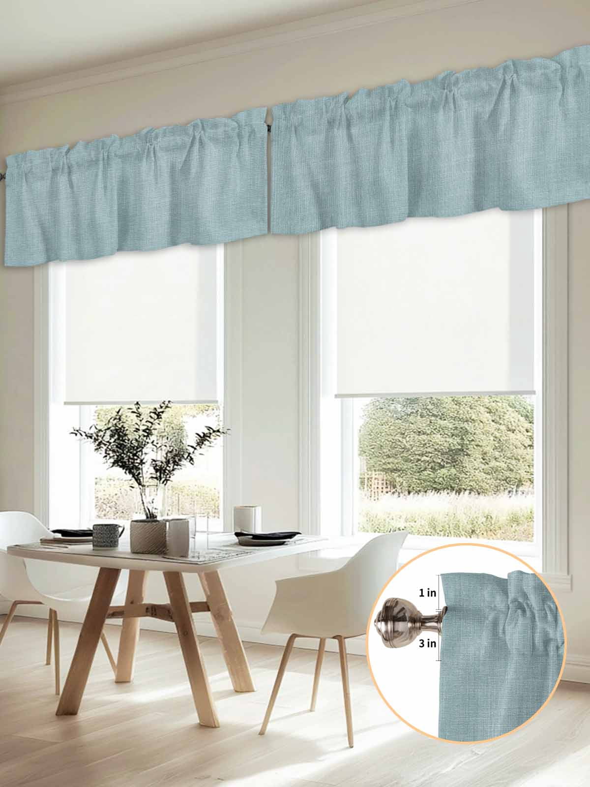 Blue Linen Texture Window Valance, Farmhouse Pure Color 2 Pack Decorative Curtain for Small Windows, Light Filtering Valance with 3” Rod Pocket, 54"W x 18"L