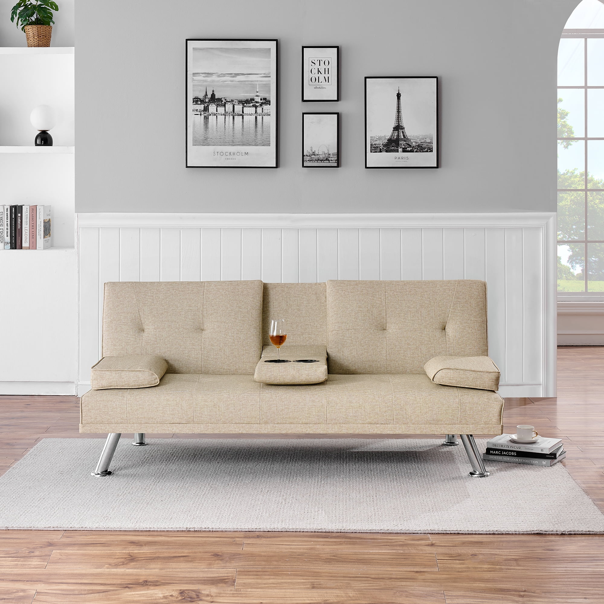 Yardi Yard Leather 67" Sofa Convertible Sofa Bed, Living Room Beige Futon Couch Yardi Yard Leather 67" Sofa Convertible Sofa Bed, Living Room Beige Futon Couch