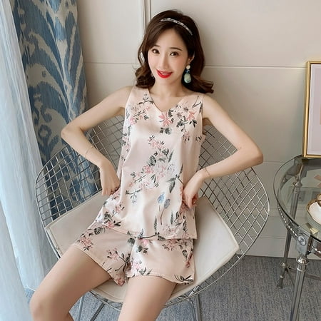 

PIKADINGNIS New Pajamas for Women Summer Sexy Print Short Sleeve Silk V-neck 3XL Sleepwear Set Lonxu Silk Pajamas Set Vest Girl Pyjamas Set