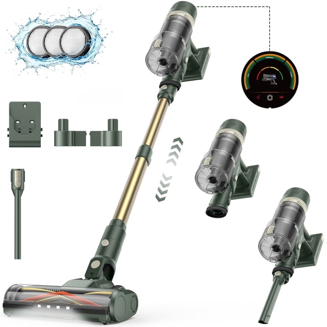 Laresar V12 Aspiradora Inalámbrica, Carga Rápida 2H 600W 65KPa Succión Fuerte, 80Mins de Autonomía Aspiradora Tipo Escoba para Alfombra Piso Duro Pelo de Mascota