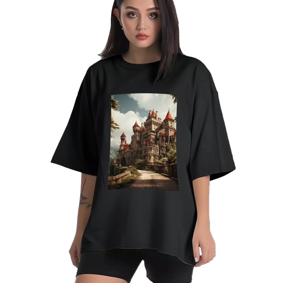 Plus Size Shirt for Women Black Tops for Women Short Sleeves Shirt for Women Castle (68） T Shirt Crewneck Shirt for Women XS