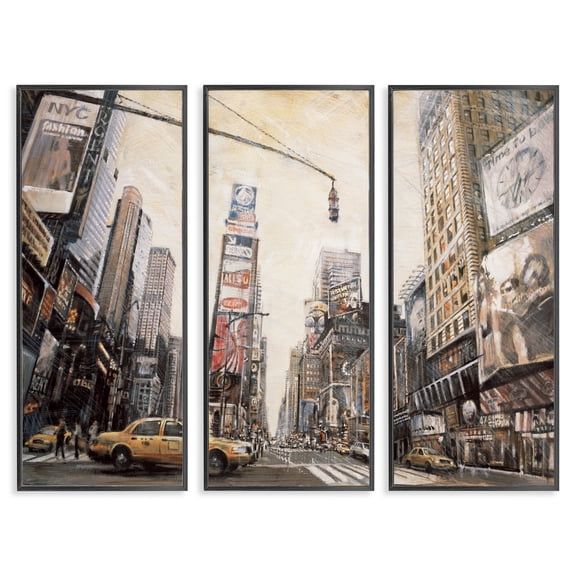 Stupell Industries New York City Streets Buildings Transportation Painting Black Framed Art Print Wall Art, 10 x 24, Set of 3