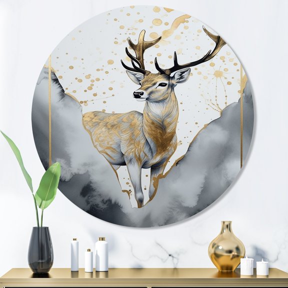 Designart "Deer in the Wild Brown Painting II" Animals Deer Metal Round Wall Decor