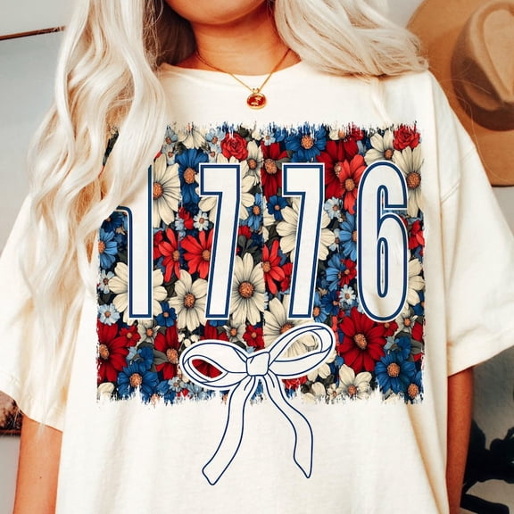 Vintage Coquette Floral 1776 T-Shirt – Patriotic USA Independence Day Tee with Bow and Freedom Quote Graphic